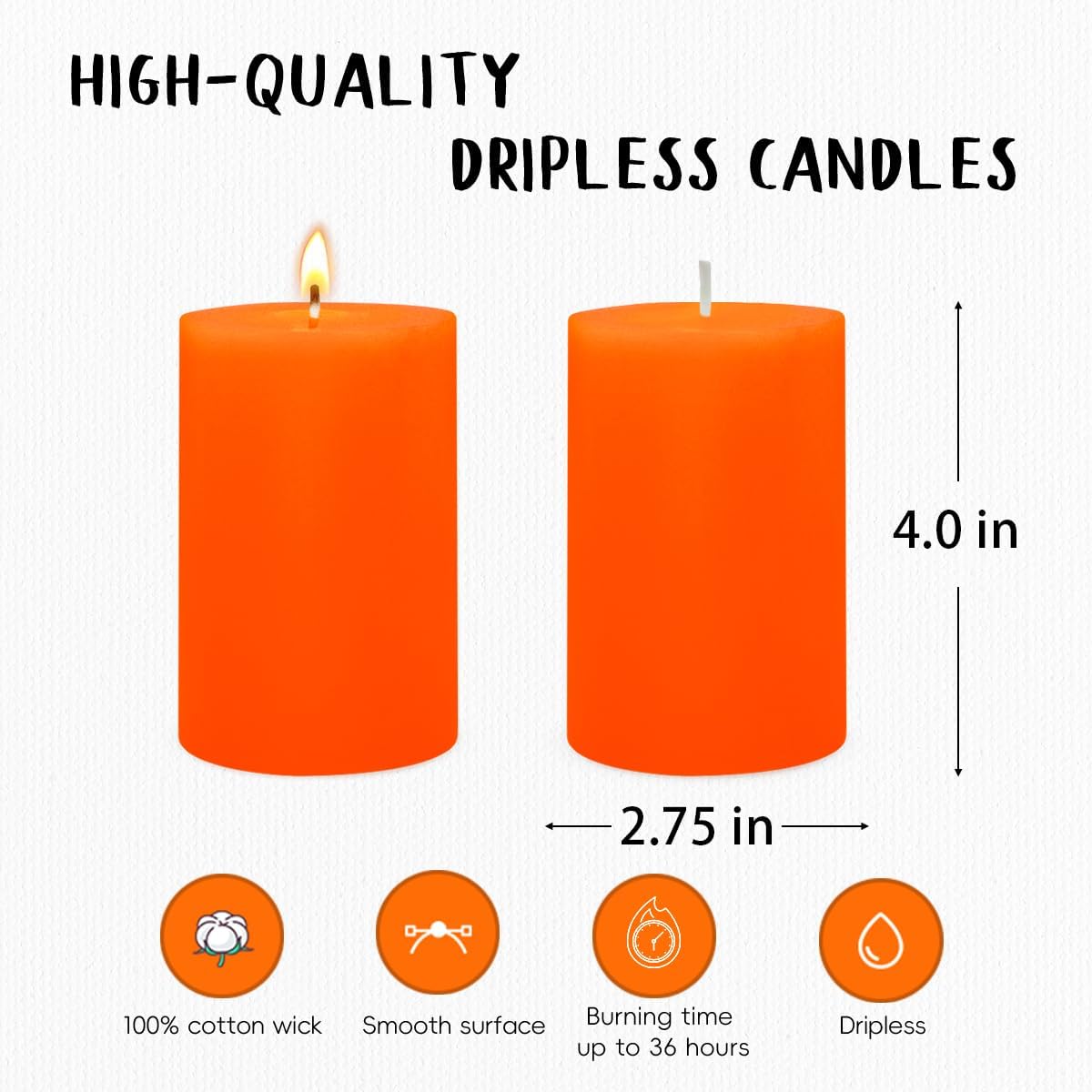 6 Packs 2.75x4 Inch Orange Pillar Candles, Unscented Dripless Cylinder Wax Fall Colored Candles for Thanksgiving Day Home Table Holiday Party Spa Decor Emergency Power Outage