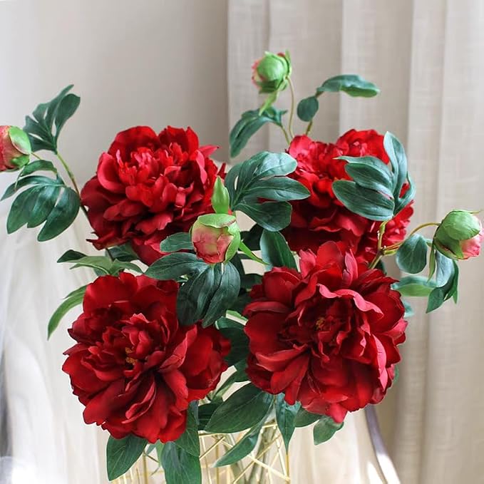 3 Pieces Peonies Artificial Flowers,Silk Flowers with Stems,27" Winter Flowers Artificial for Decoration,Long Stem Artificial Flowers for Tall Vase,Wedding Table Centerpiece Party Decor(Red)