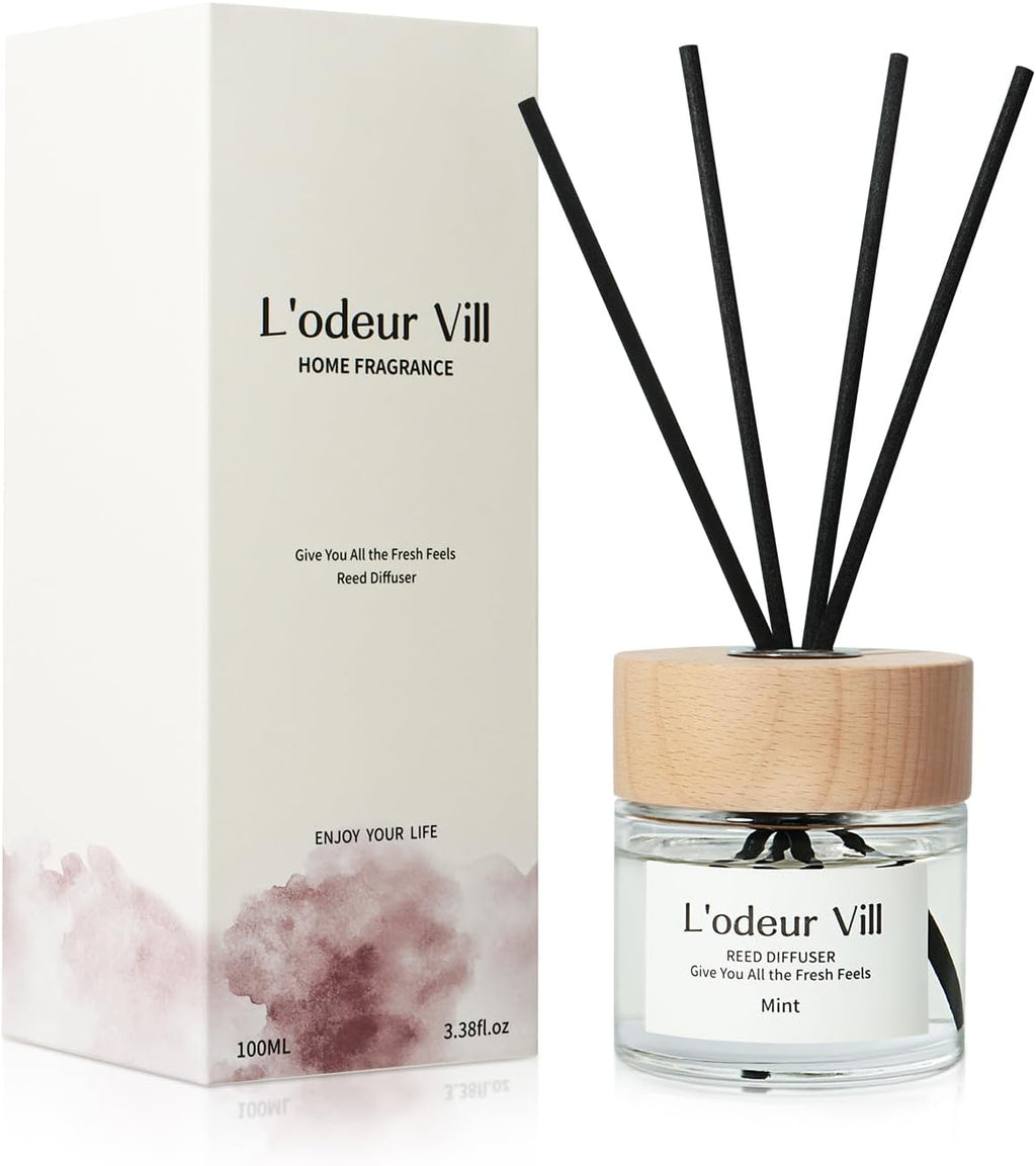 L'odeur Vill Reed Diffuser Set,Mint and Fruit 3.4 fl oz(100 ml) Oil Diffuser with 6 Reed Sticks, Home Fragrance Reed Diffuser for Bathroom Shelf Decor Scent Diffuser