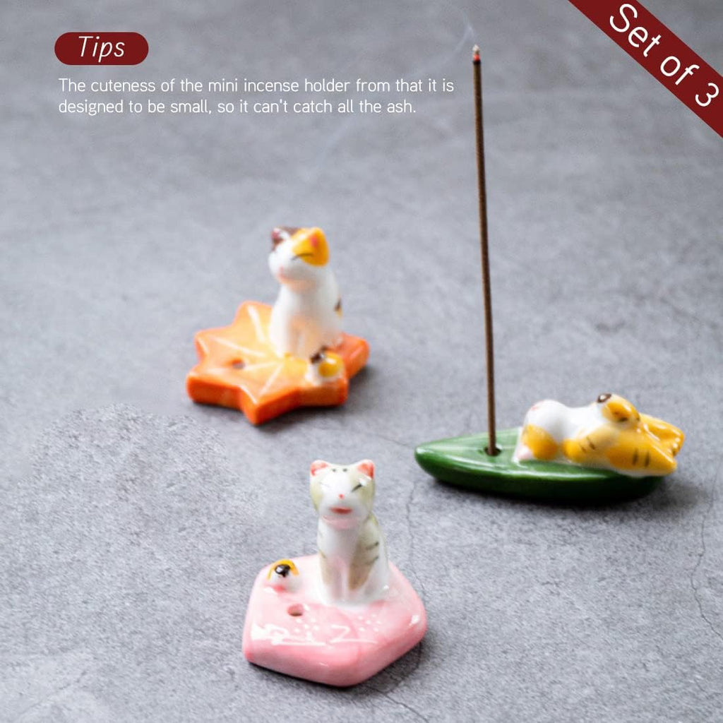 Set of 3, Japanese Mini Cute Kitty Cat Handmade Ceramic Incense Stick Holder or Incense Burner Holder, Adorable Animal Theme Inscent Tray for Home Decor Yoga Spa Meditation, 1.57 inch