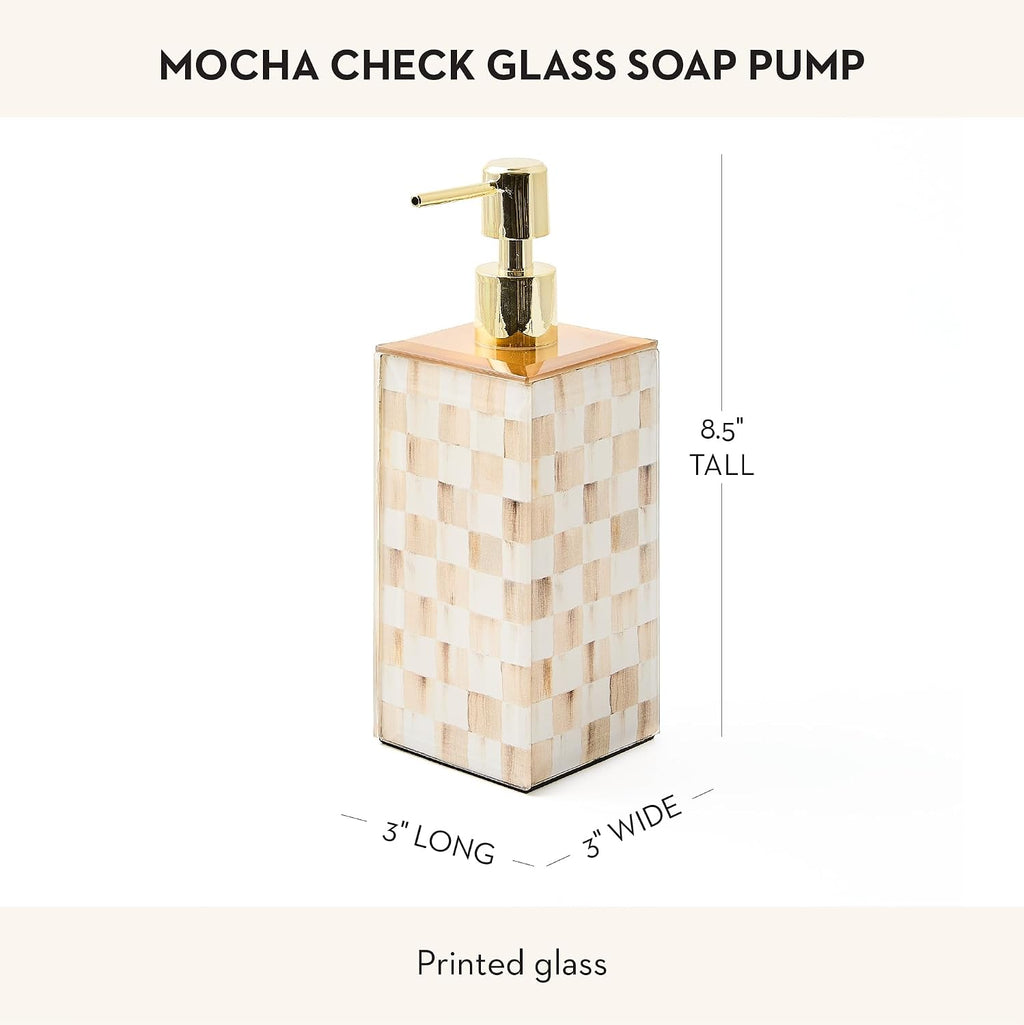 MACKENZIE-CHILDS Glass Soap Pump, Brown-and-White Mocha Check