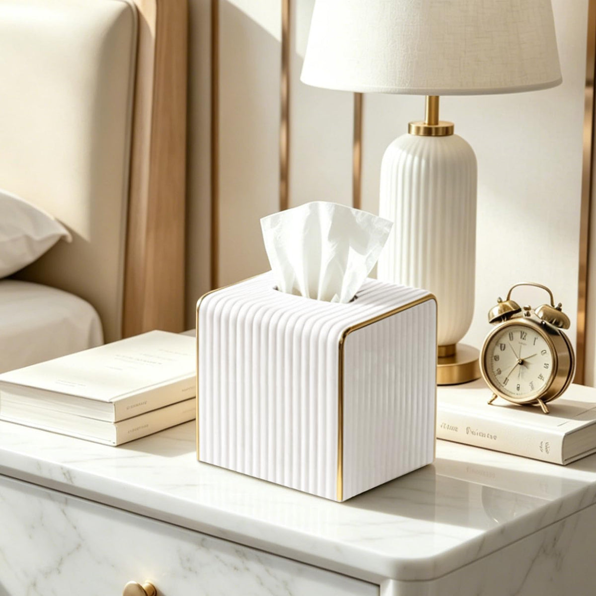 White Tissue Box Cover Square,Cube Tissues Holder with Gold Edging