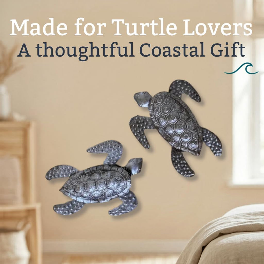 It's Cactus Sea Turtles, Beach Metal Art, Set of 2, Nautical Wall Hanging Figurines Home Decoration, Under the Sea Marine Life Animals, Handmade in Haiti 6 x 7.75 Inches Haitian Metal Plaques