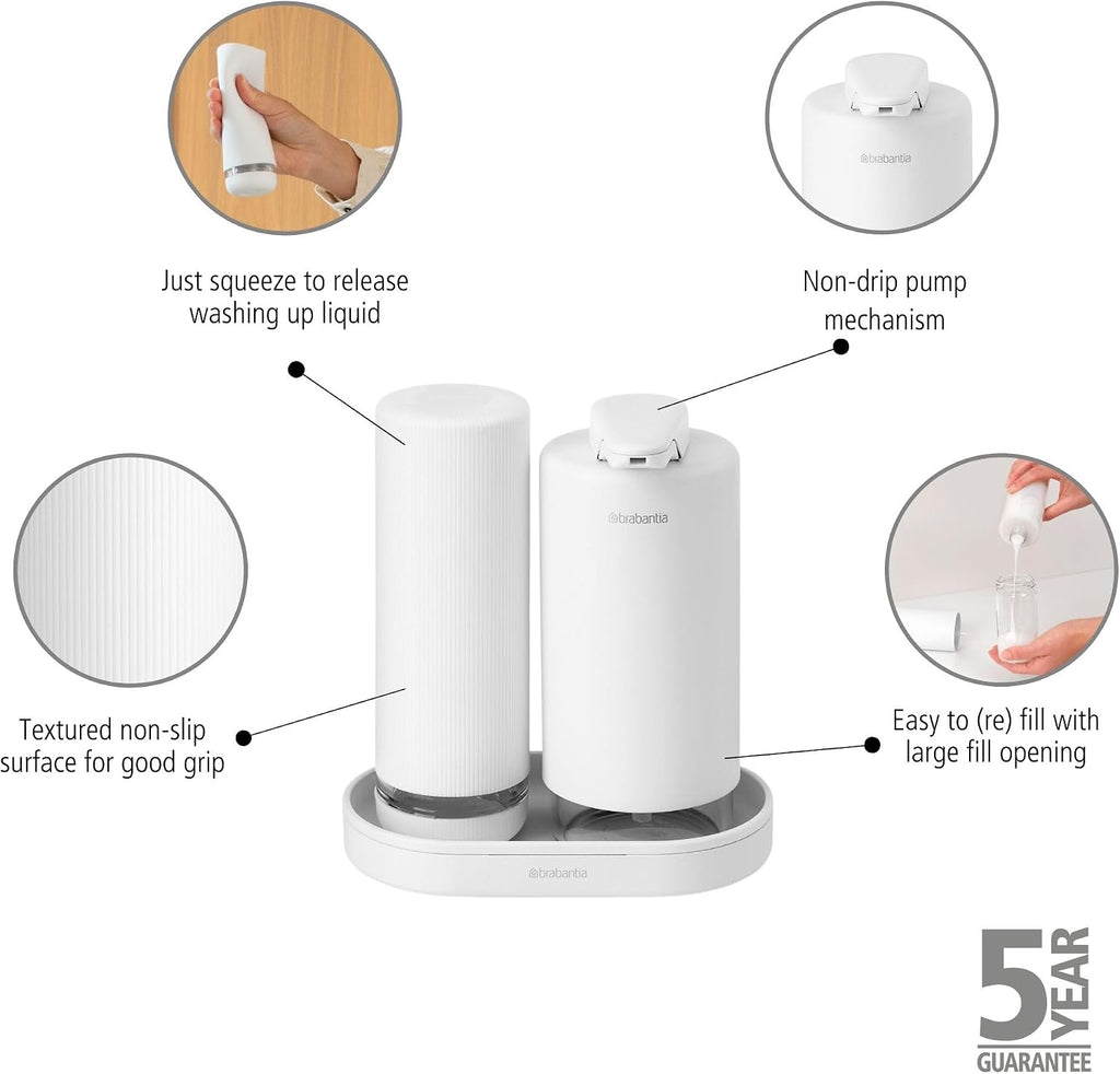 Brabantia - SinkStyle Soap Dispenser Set with 2 Stylish Dispensers for Hand and Dish Soap, Textured Tray, and Soap Squeezer – Mineral Fresh White, 2 x 6.8oz
