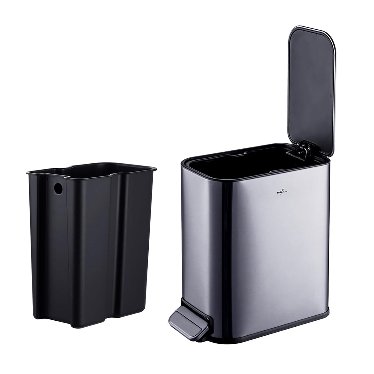 RED FACTOR Slim 1.3 Gallon Stainless Steel Pedal Trash Can with Soft Close Lid for Narrow Spaces – Small Wastebasket Bin with Removable Inner Bucket (Metallic Grey)