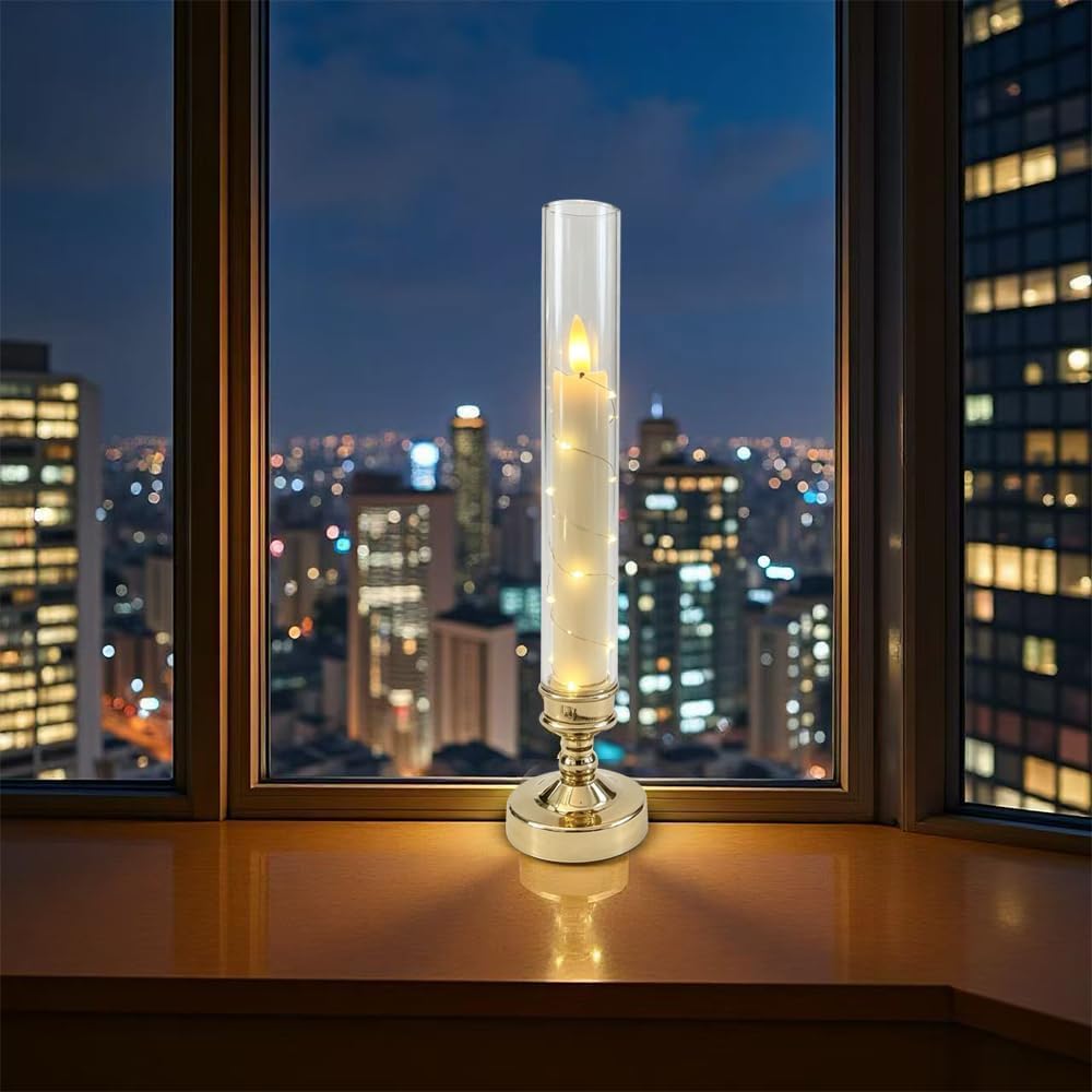 4 Pcs Flameless Candle with Remote Timer, Flickering Battery Operated LED Taper Candles with Embedded Star String Gold Candle Holders for Home, Wedding, Party Christmas Window Candles