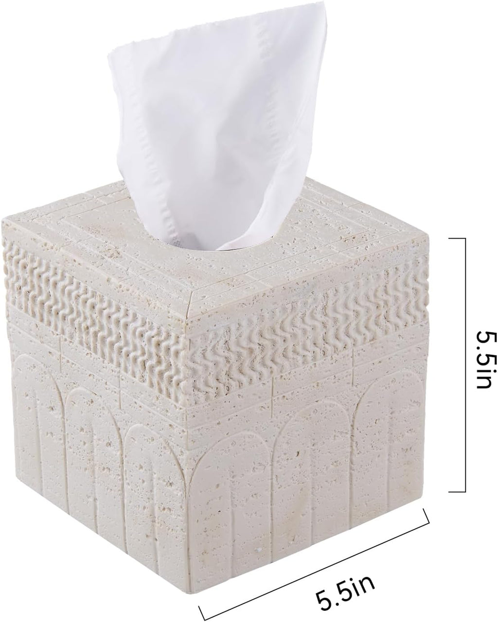 Travertine Tissue Box Cover – Classic Carved Square Resin Tissue Box Holder – Heavy Duty Decorative Home & Bathroom Decor for Countertop, Tabletop, Night Stand, Office – Beige