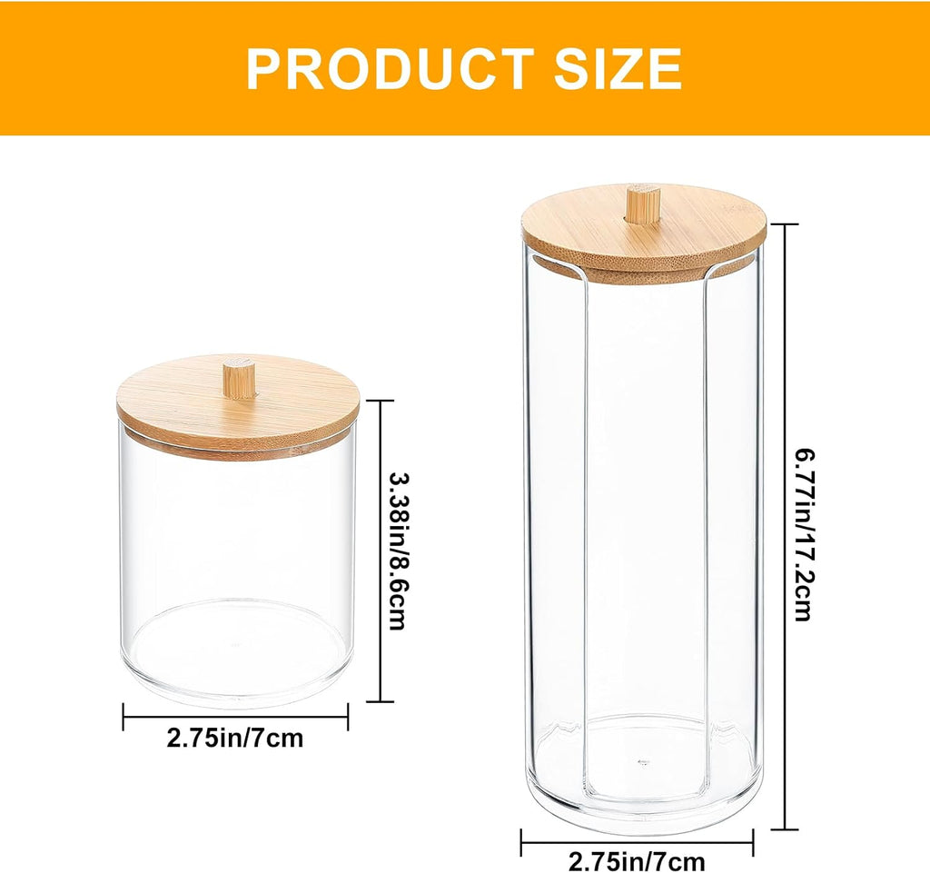 2 Pcs Qtip Holder, Cotton Pads Balls Dispenser Holders, Clear Cotton Swab Makeup Canister, Apothecary Jar Holder Organizer with Bamboo Lid for Bathroom Tabletop Vanity Makeup Storage Box