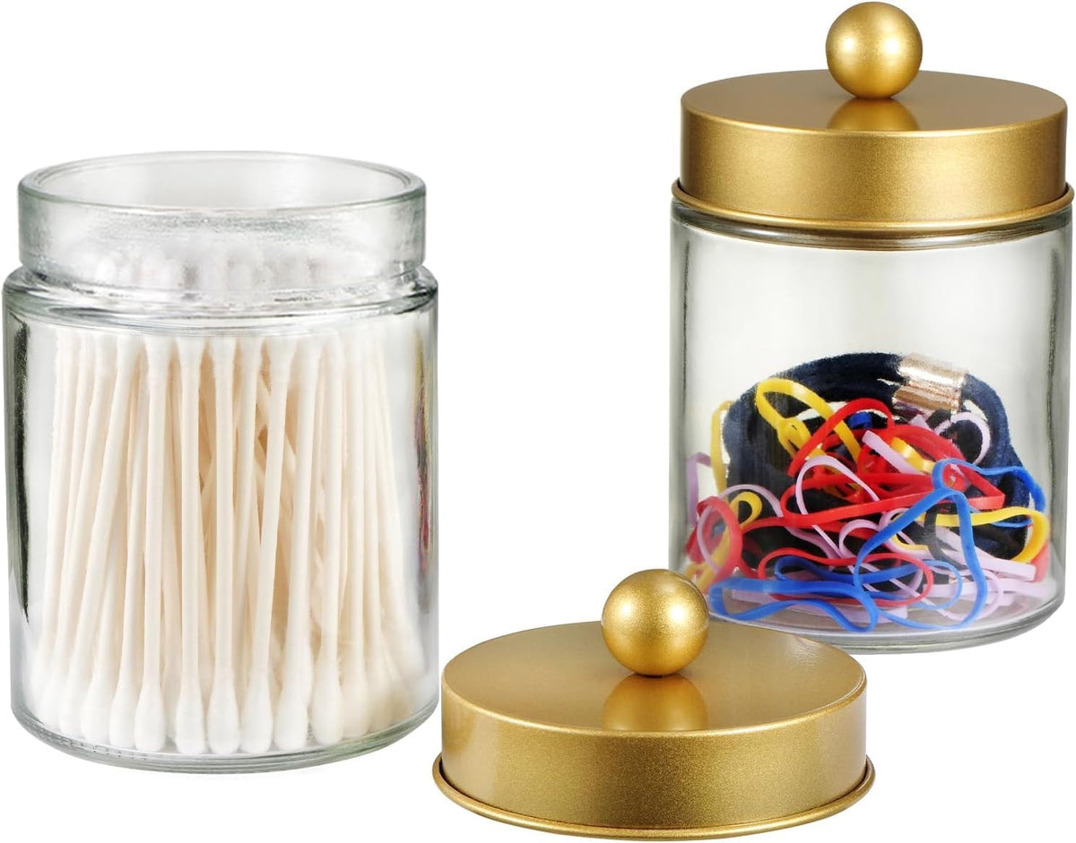 SheeChung 3 Pack Glass Qtip Holder with Gold Stainless Steel Lids