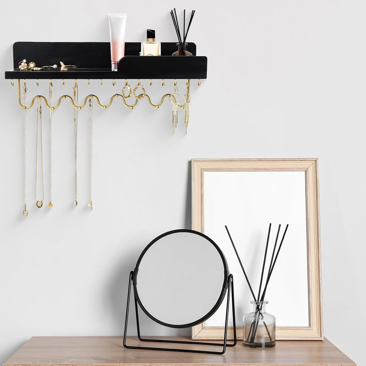 Hanging Jewelry Organizer with 29 Hooks and Cosmetics Shelf, Modern Wood Wall Mounted Jewelry Holder for Necklaces, Bracelets, Earrings and Rings, Black