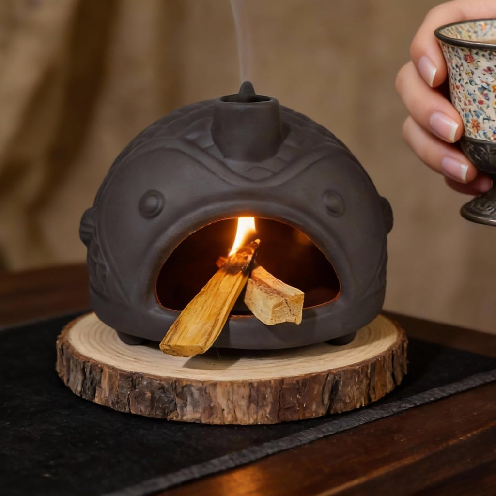 Black Fish-Shaped Palo Santo Holder, Decorative Sage Burner with Chimney