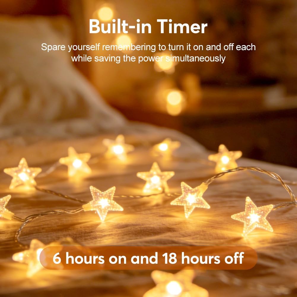 RaThun 49.2ft Star String Lights with Remote for Indoor Bedroom Warm White