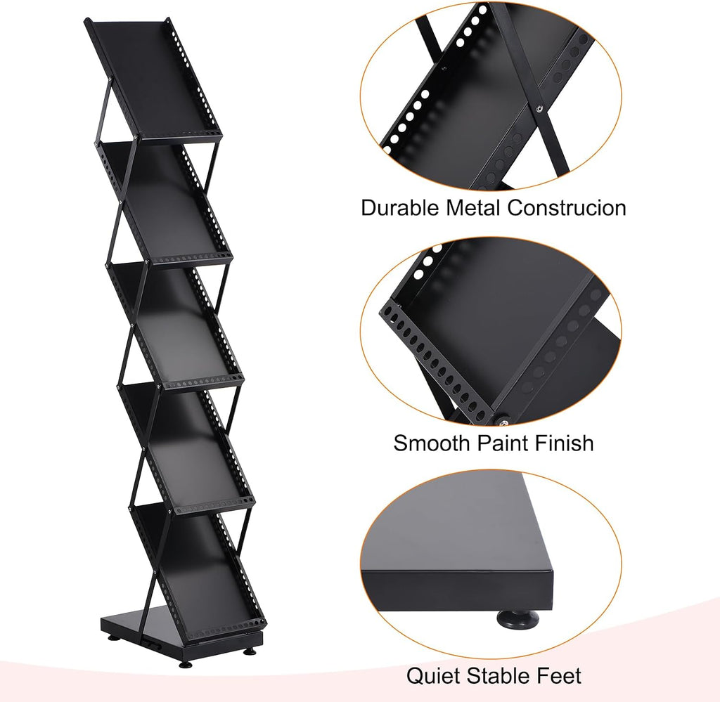 PATIKIL Foldable Magazine Display Racks Floor Standing 5 Layers Brochure Stand Catalog Literature Holder with Wheels for Hotel, Exhibition, Trade Show, Office