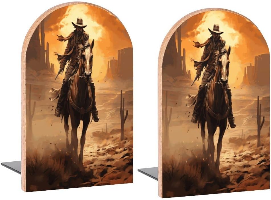 Book Ends Cowboy Western Wood Bookends for Shelves to Hold Books Heavy Duty Non-Skid Book Stoppers Wood Decorative Home Office School