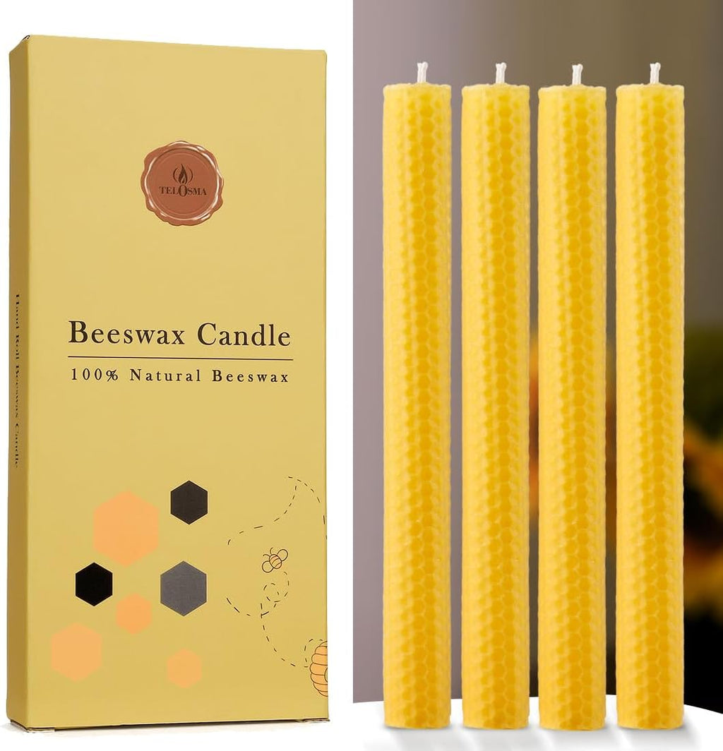 TELOSMA Hand Rolled Natural Beeswax Taper Candles, Yellow, 8 Inch, 4 Pack