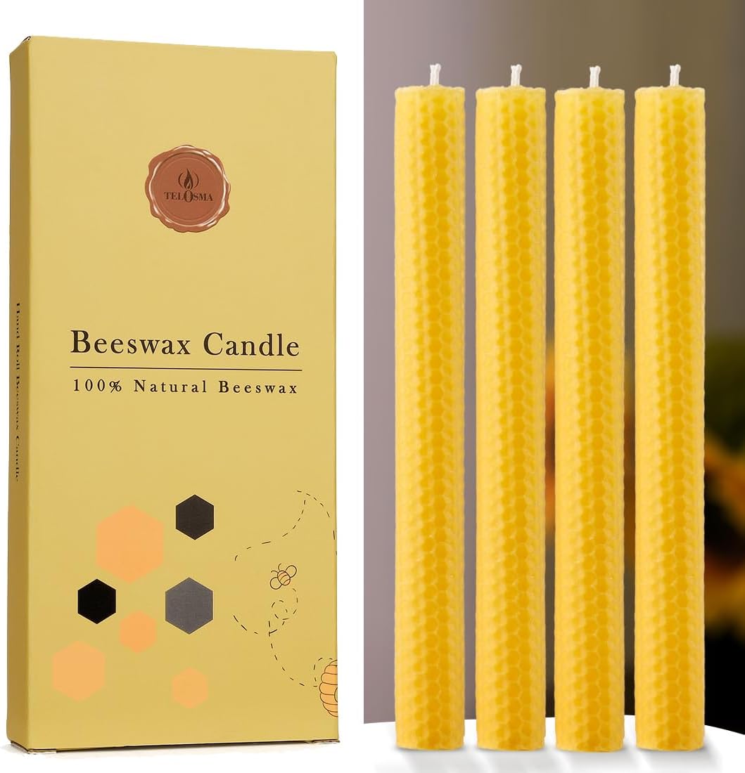 TELOSMA Hand Rolled Natural Beeswax Taper Candles, Yellow, 8 Inch, 4 Pack