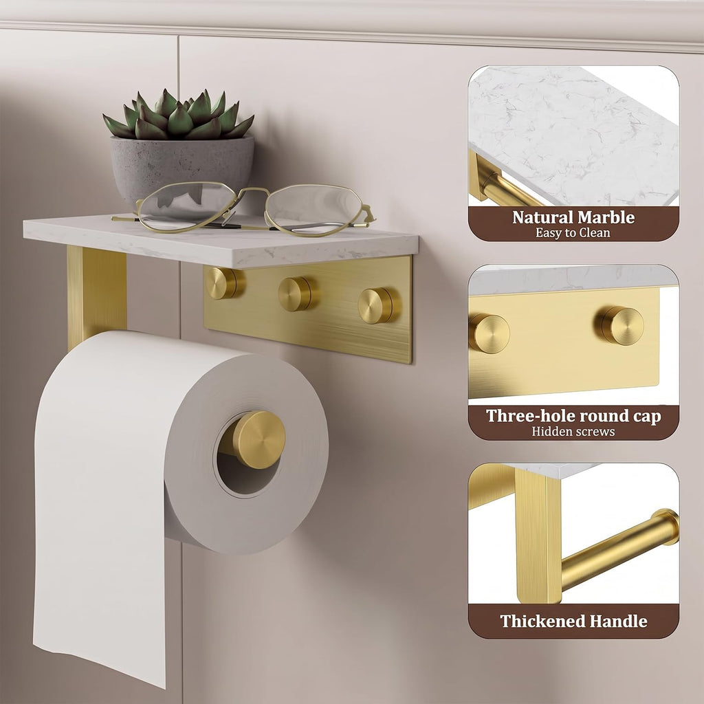BWE Brushed Gold Toilet Paper Holder with Marble Shelf Wall Mounted