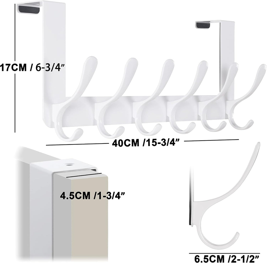SKOLOO Over The Door Hooks - for Doors up to 4.5cm Thick, No Assembly Required, Stainless Steel Door Hanger with 6 Hooks, Over The Door Hanger for Coats Clothes Hat Towel Jacket, White