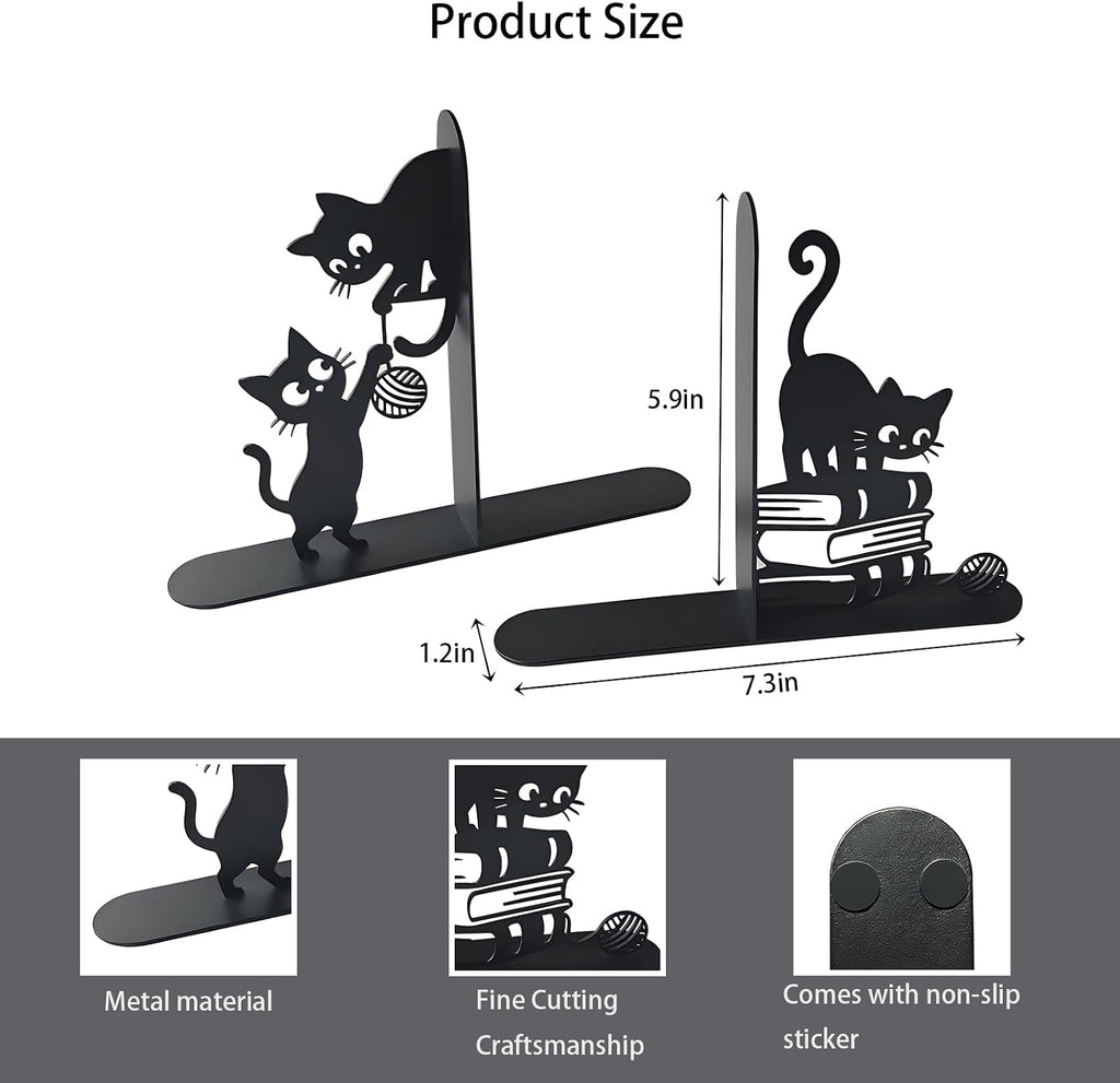 Funny Cat Bookends Metal Black Cat Book Ends for Shelves Decorative Bookshelf Home Office Desk Bookshelf Decor Gift for Cat Lovers and Reading Enthusiasts