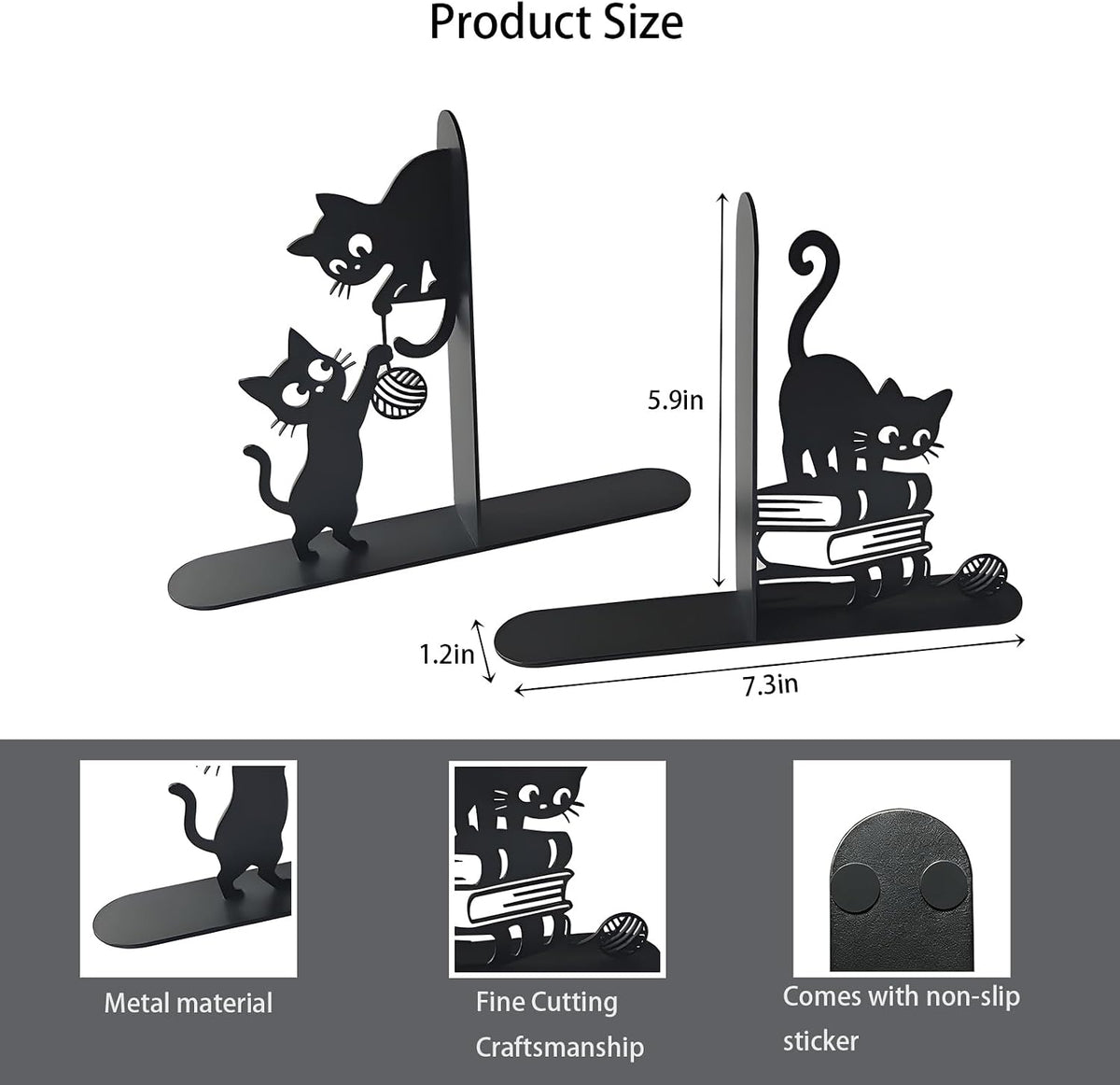 Funny Cat Bookends Metal Black Cat Book Ends for Shelves Decorative Bookshelf Home Office Desk Bookshelf Decor Gift for Cat Lovers and Reading Enthusiasts