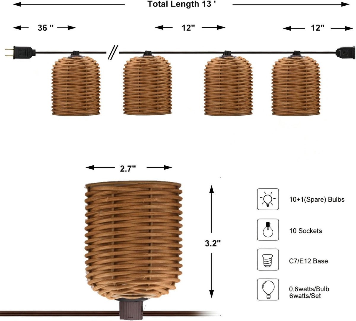 Plug-In Lantern String Lights, 13FT Rattan String Lights 10 Bulbs Natural