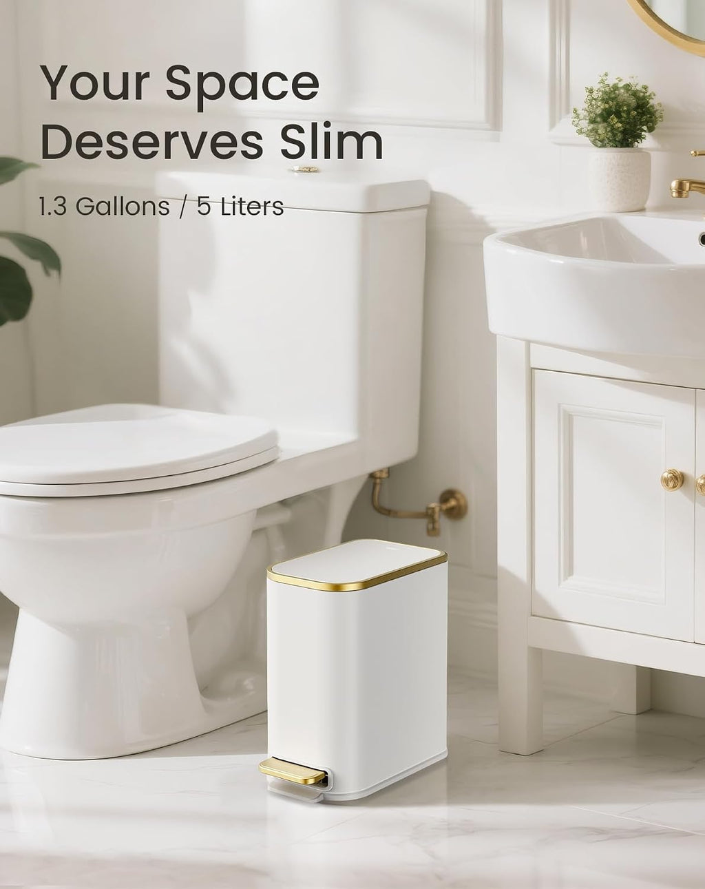 Cesun Small Bathroom Trash Can with Gold Grimmed Lid & Pedal, 1.3Gal, White