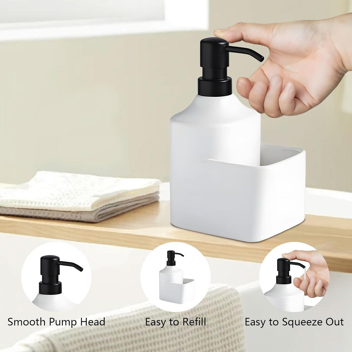 Gets Soap Dispenser White Ceramic Pump Bottle with Storage Holder