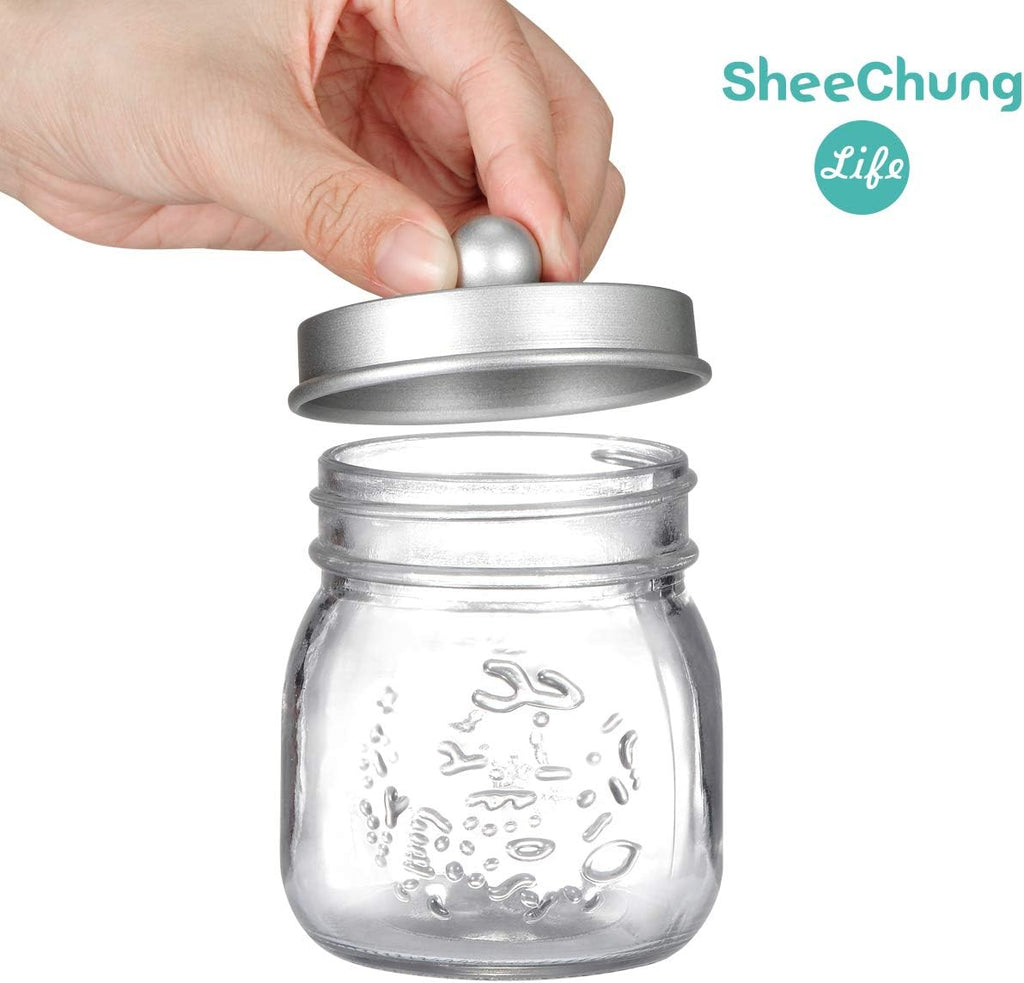 SheeChung 2 Pack Glass Mason Jar Qtip Holder Dispenser,Frosted Silver Lids