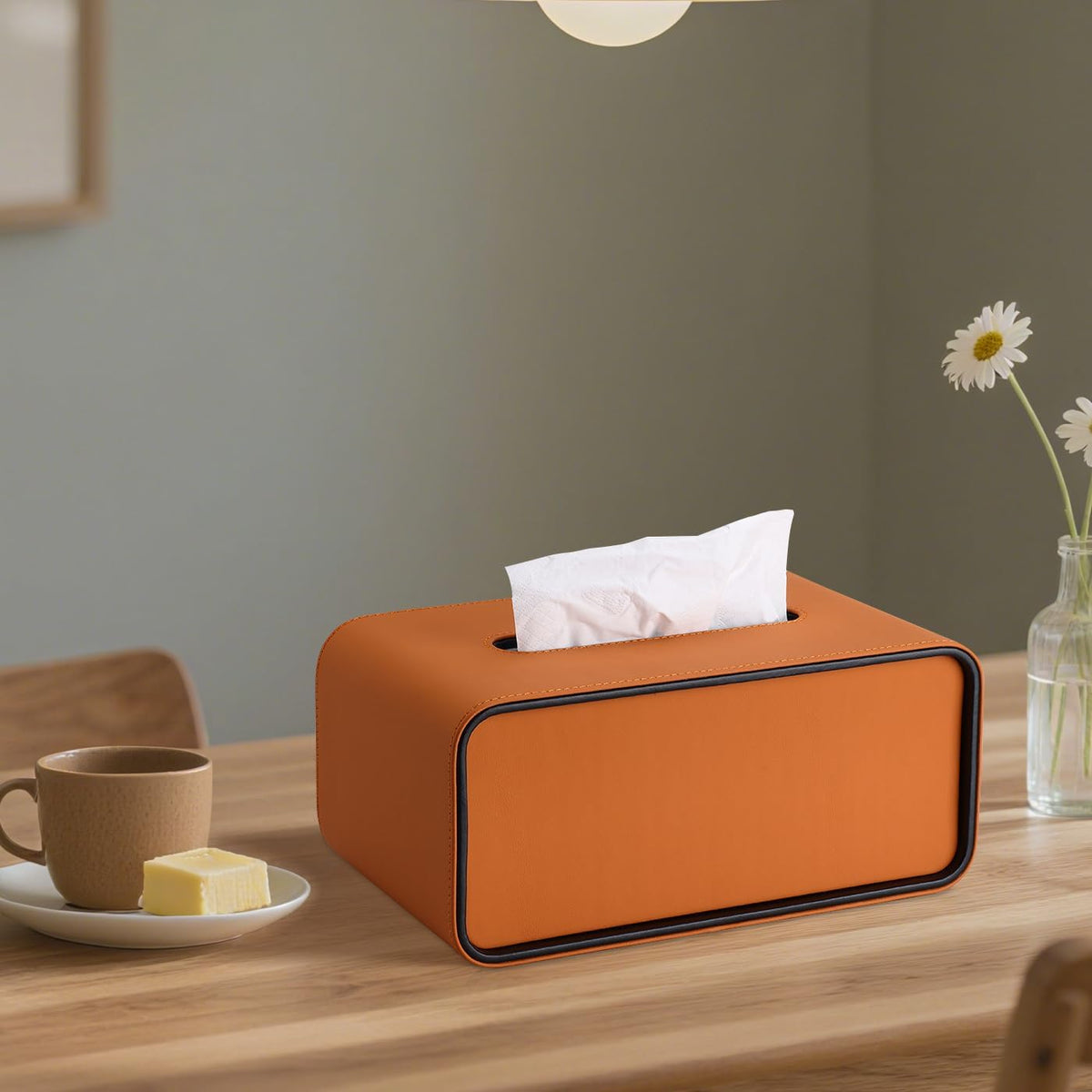 GORESE Rectangular Tissue Box Cover for Kleenexs, PU Leather Tissue Box Holder, Decorative Tissue Holder Cover for Bathroom Bedroom Living Room Office, Orange