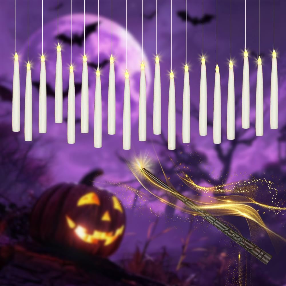 Halloween Decorations - 20 Pcs Floating Candles with Wand - Flickering Warm Light Flameless Floating LED Candle Christmas Decor for Indoor Classroom Bedroom Party