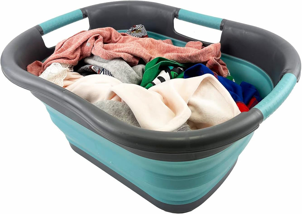 SAMMART 30L (7.9 gallon) Collapsible Plastic Laundry Basket - Foldable Pop Up Storage Container/Organizer - Portable Washing Tub - Space Saving Hamper/Basket (Grey/Crystal Blue)