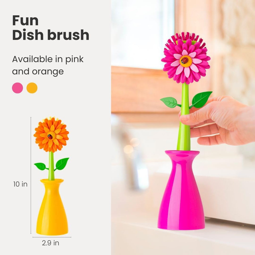 Vigar Flower Power Dish Brush with Handle and Vase Holder - Pink