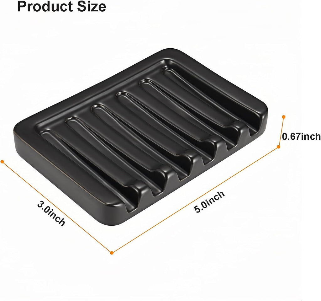 Self Draining Soap Dish, Ceramic Soap Holder for Shower, Vonpri Waterfall Bar Soap Case Saver Tray Sponge Organizer Keep Dry for Bathroom Kitchen Counter Sink (1, Black)
