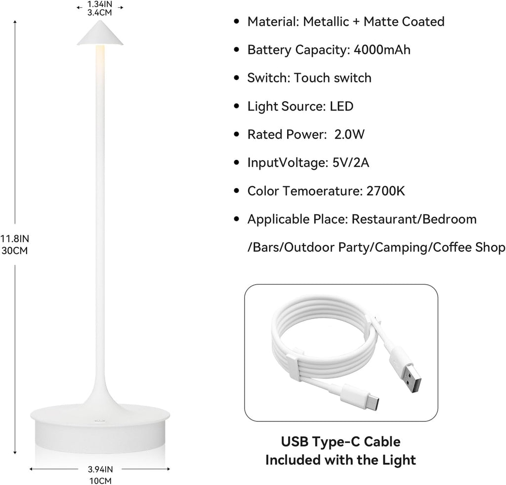 Small Cordless Table Lamp Rechargeable, Battery Operated Desk Lamp, 4000mAh LED Touch Lamp, Dimmable Portable Outdoor Waterproof Wireless Table Light for Restaurants/Bars/Outdoor(1PC,White)