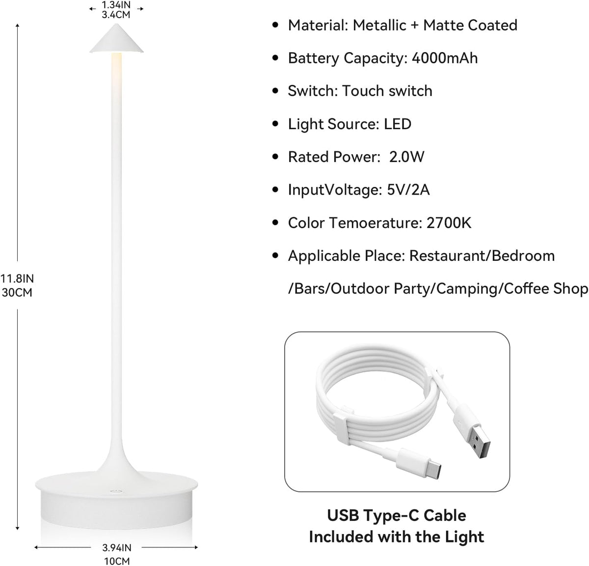 Small Cordless Table Lamp Rechargeable, Battery Operated Desk Lamp, 4000mAh LED Touch Lamp, Dimmable Portable Outdoor Waterproof Wireless Table Light for Restaurants/Bars/Outdoor(1PC,White)