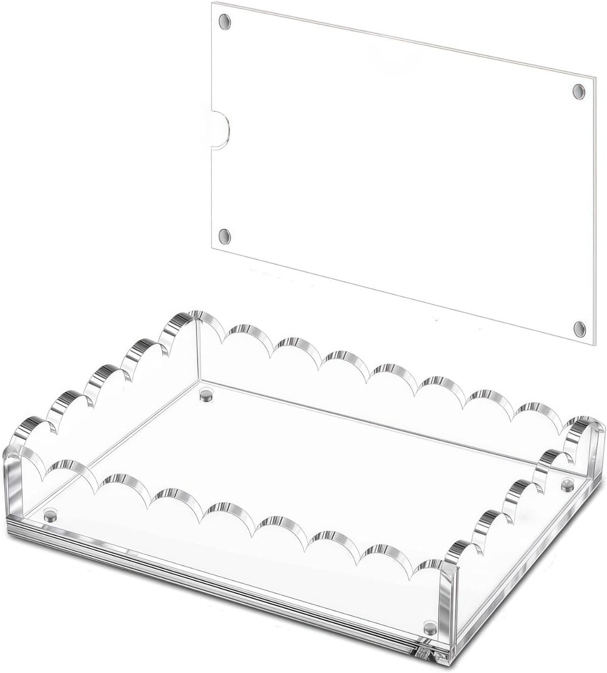 9"x6"x2" Scalloped Acrylic Tray with Magnetic Mat– Interchangeable Display for Photos, Art, Messages – Decorative Vanity Organizer, Serving Tray for Coffee Bar, Kitchen & Elegant Gift