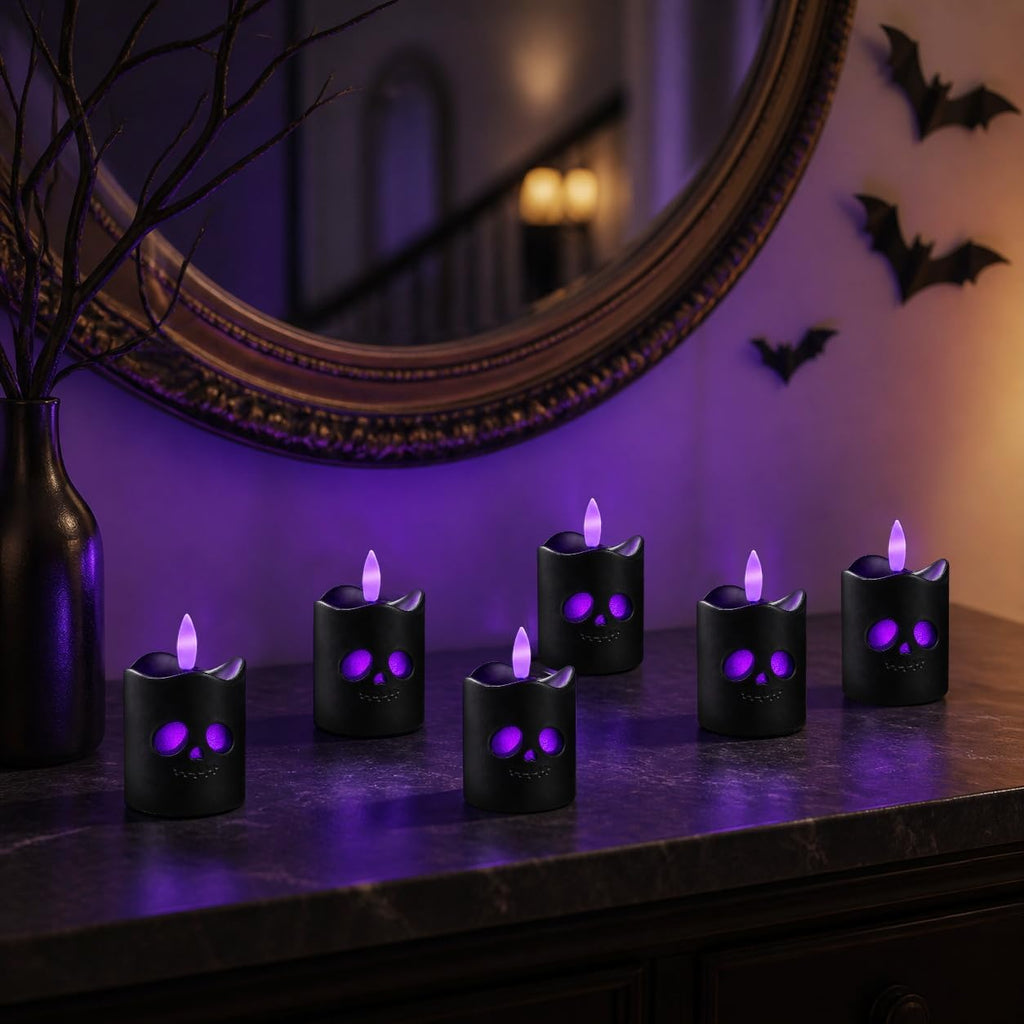 Black Halloween Flameless Votive Candles with Remote, Purple Glow, 6 Pack