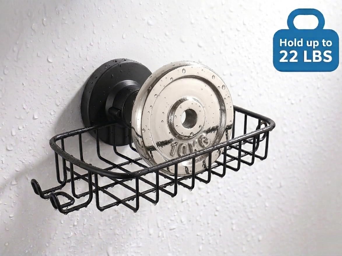 Soap Dish for Shower Suction Cup Powerful Vacuum System Rustproof 304 Stainless Steel Basket Sponges Holder with Razor Hooks for Bathroom or Kitchen Soap Holder (Black)