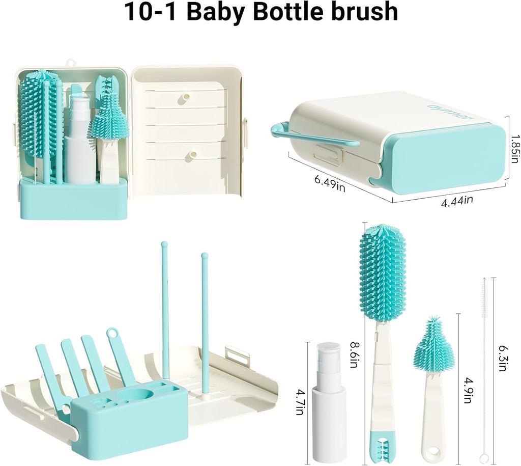 Aynmer Baby Bottle Brush Cleaner Set - 10 In 1 Travel Bottle Cleaning Brush Kit with Silicone Bottle Brush, Nipple Brush, Soap Dispenser, Portable Drying Rack, Breast Pump & Bottle Cleaning Kit -Green