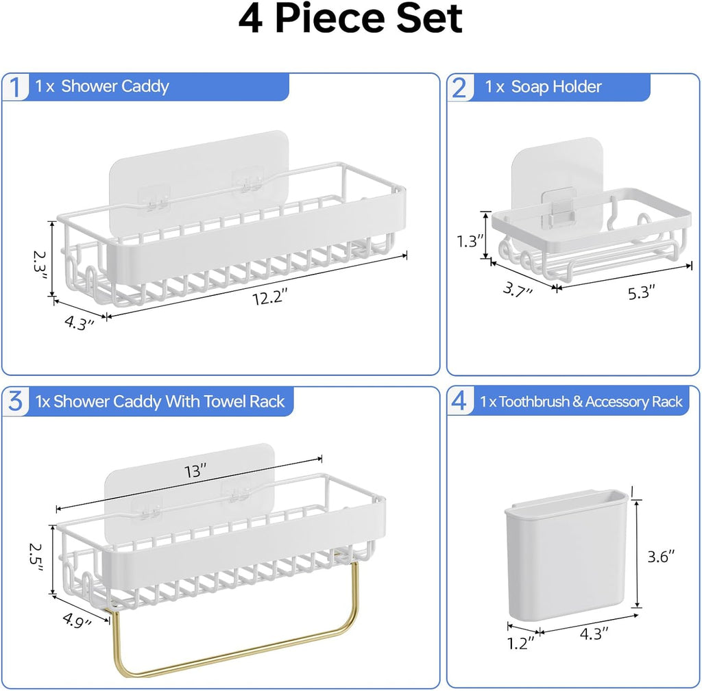 KINGRACK Shower Caddy Adhesive 4-Piece Rust-Resistant Shower Shelves, No-Drill Bathroom Shower Organizer with Large Capacity for Bathroom, Kitchen, and Laundry,White