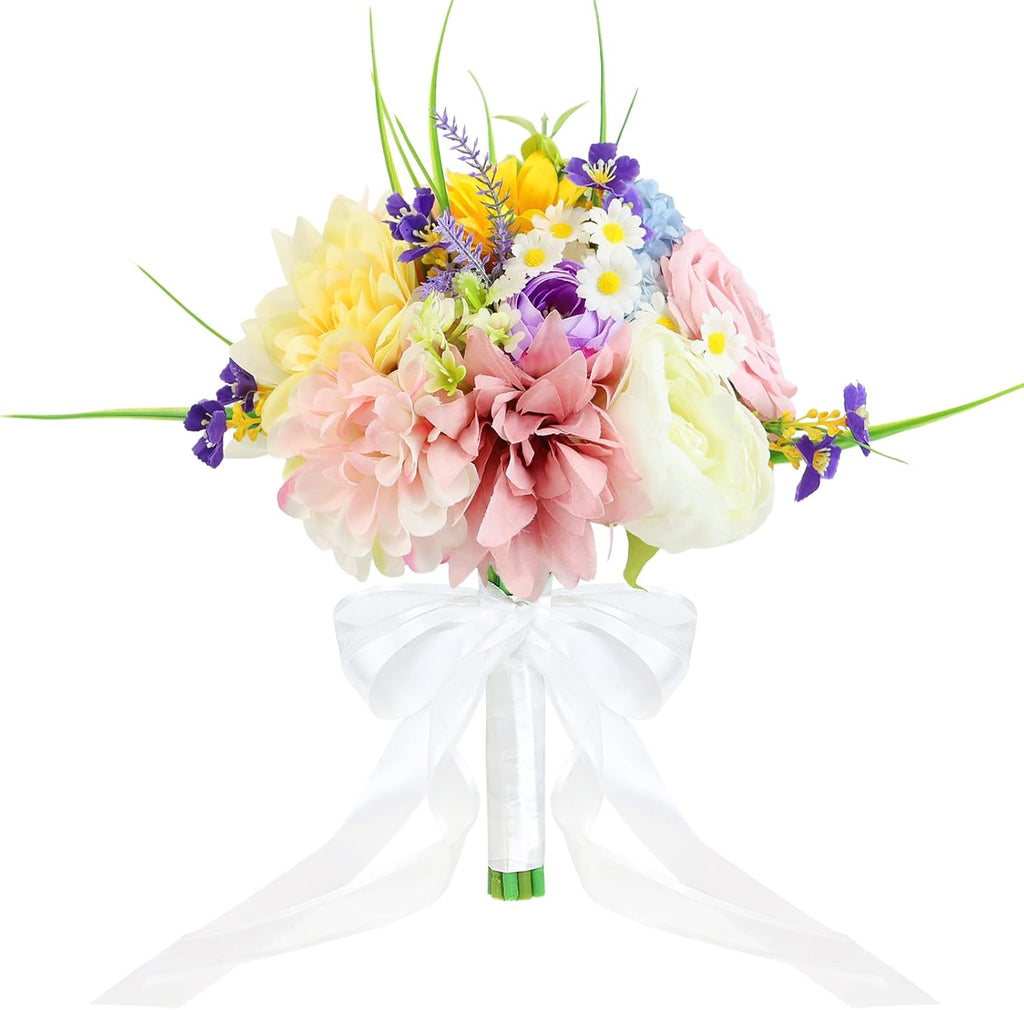Wedding Bouquets for Bride Bridesmaid 8.5 Inch Pre-Made Spring Artificial Roses Flowers Bridal Bouquets for Bride Vintage Wedding Marriage Proposal Party Church Decoration
