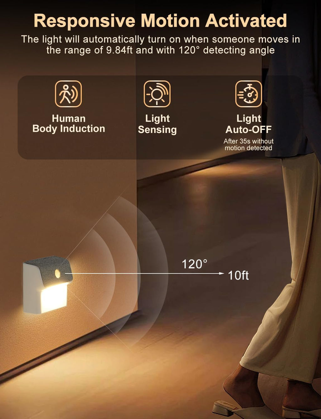 Linkage Stair Lights Motion Sensor Indoor, Magnetic Stick-On LED Wall Light, Dimmable Warm White Light, Rechargeable Motion Activated Light, for Hallway, Bedroom, Stairs, Kitchen