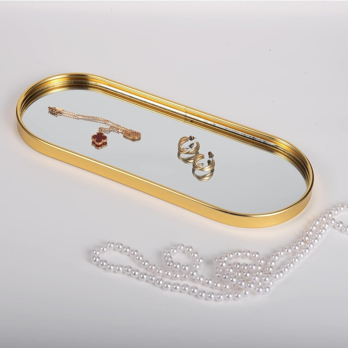 Feyarl Gold Mirrored Jewelry Trinket Tray Vanit Little Ring Earings Organizer Ornate Cosmetic Perfume Tray Display Decorative Coffee Table Tray for Home Decor Dinning Room Dresser Tabletop