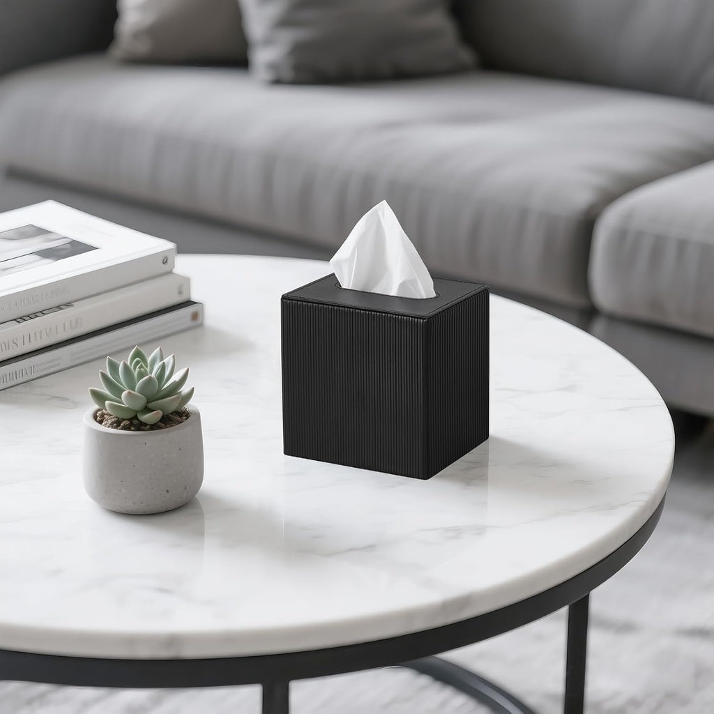 Mkono Tissue Box Cover, PU Leather Square Holder with Bottom, Black