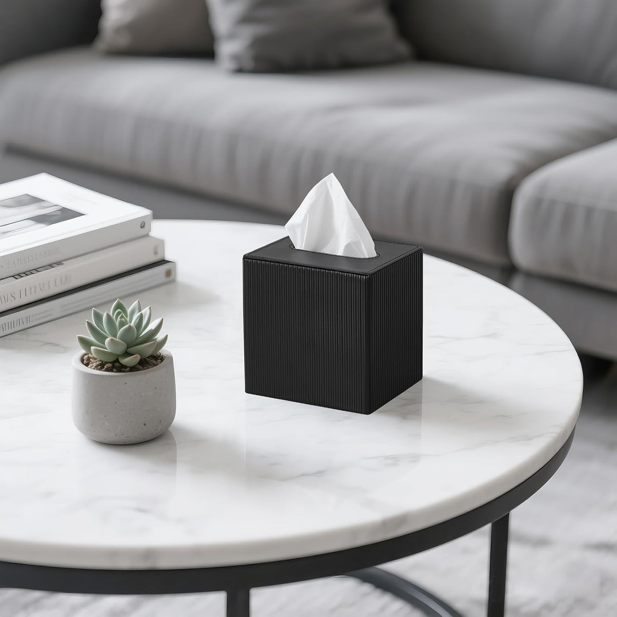 Mkono Tissue Box Cover, PU Leather Square Holder with Bottom, Black