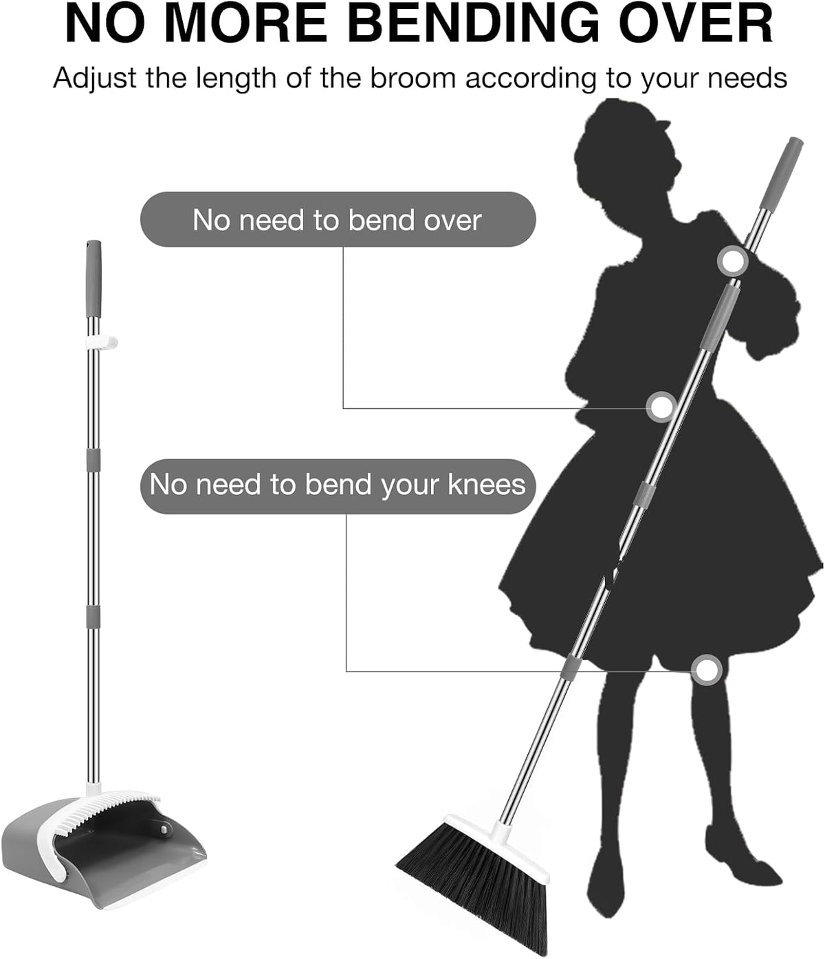 NACENA Broom and Dustpan Set with 52-in Long Adjustable Handle, Grey White