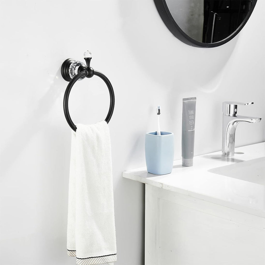 WOLIBEER Crystal Towel Ring,Matte Black Toilet Paper Holder Stand Hand Towel Holder Towel Hook Tissue Roll Paper Holder Towel Hanger Bathroom Hardware 2 Pieces Sets Wall Mounted