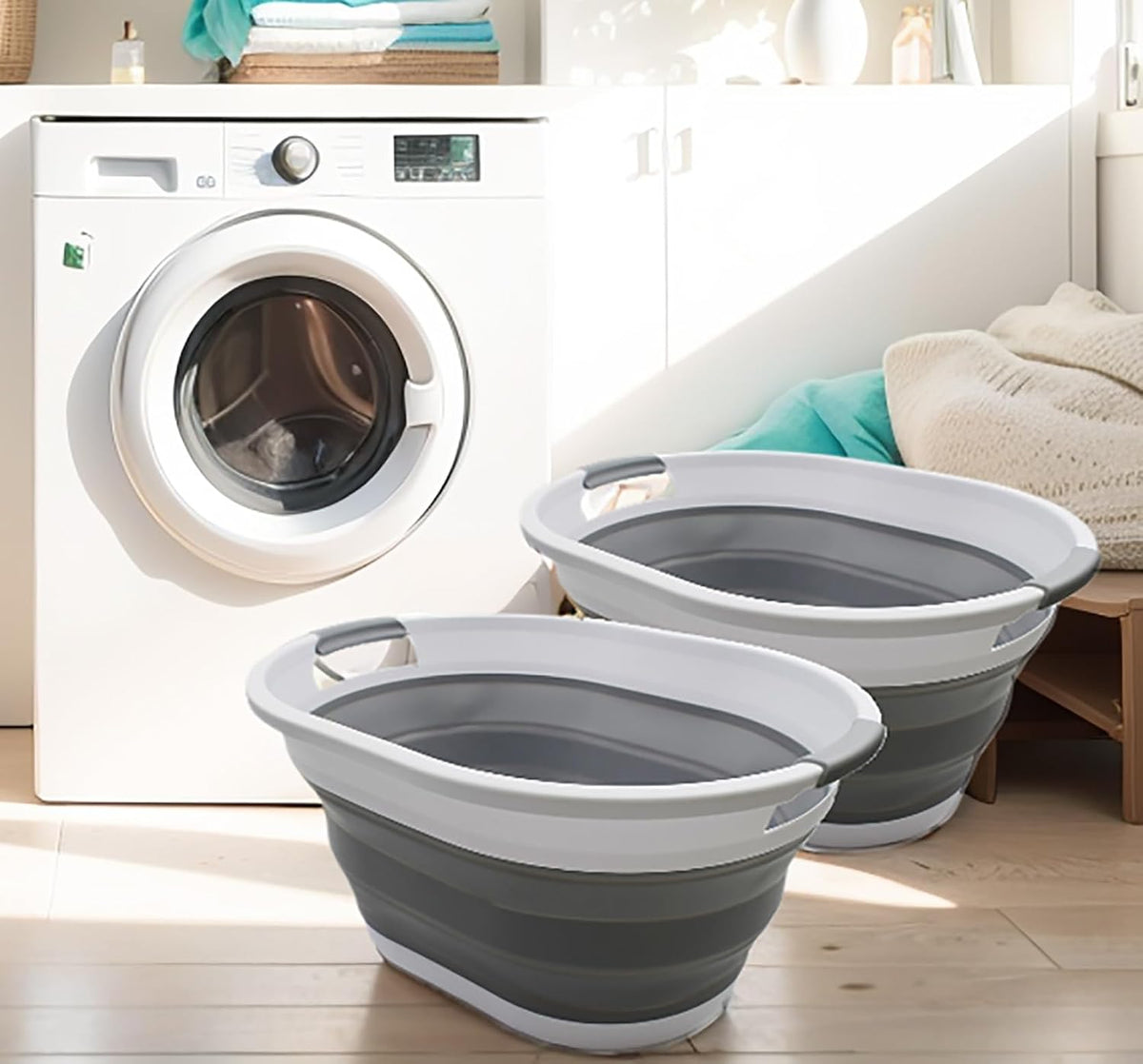 SAMMART 32L (8.4 Gallon) Collapsible Plastic Laundry Basket - Foldable Pop Up Storage Container/Organizer - Portable Washing Tub - Space Saving Hamper/Basket, Water Capacity: 24L (2, White/Grey)