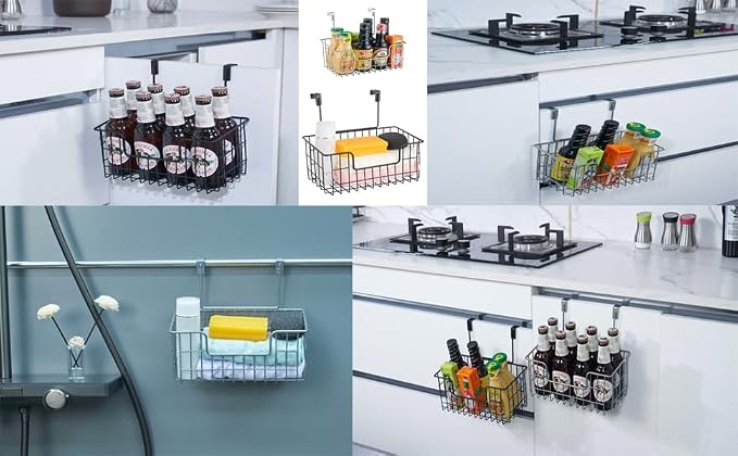 JUNCHU CHERRY Wire Hanging Storage Basket 2 Packs, Wall Mounted Kitchen Bathroom Storage Basket, Multi-Functional, No Punching, Strong Bearing, Chrome