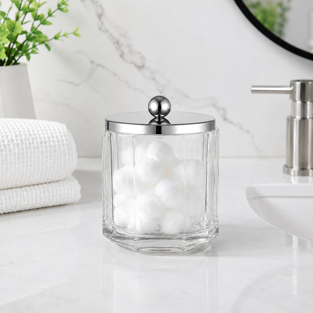 Clear Transparent Apothecary Octagional Shaped Glass Canister Jar With Silver/Chrome Metal Lid Cover for Bathroom Organization, Cotton Balls, Q Tips, and Small Accessories, Bath Storage